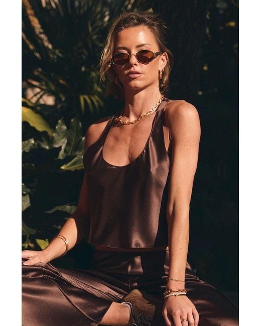 Lily Rou Brown Chocolate Racer-Back Silk Tank Top