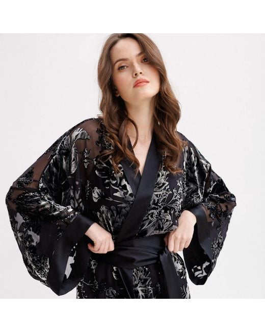 Vimissia Black Long Silk Velvet Kimono Style Robe