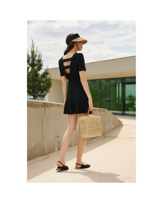 AVENUE No.29 Black Flared Short Sleeve Boucle Dress