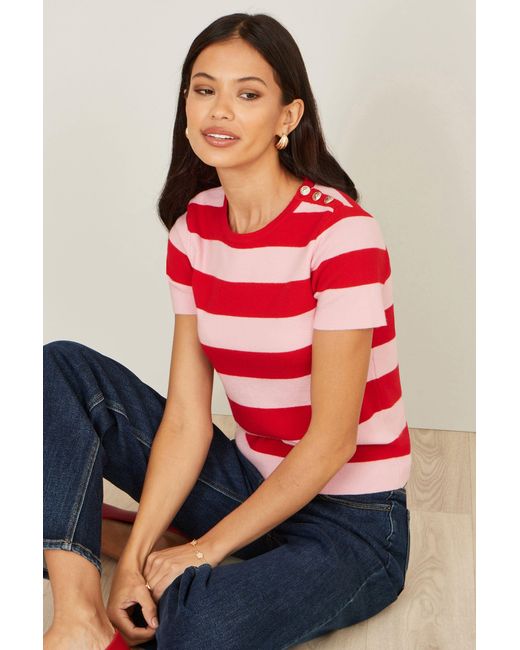 Yumi' Pink Block Stripe Knitted Top With Button Details