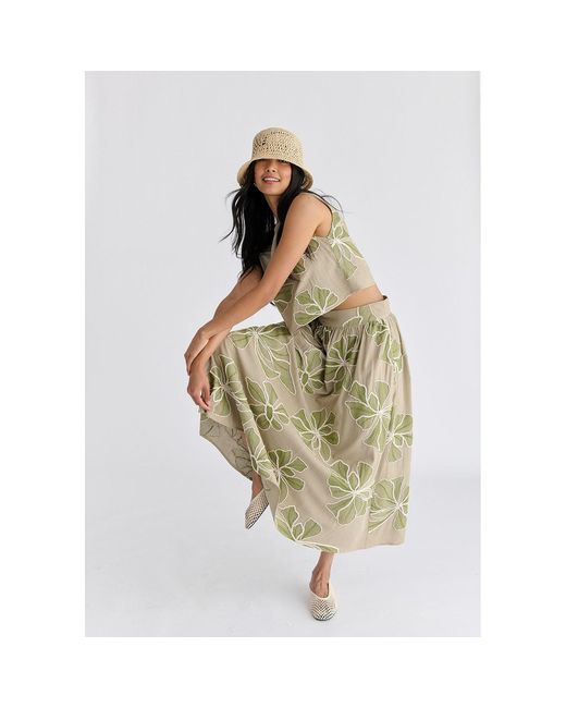 Paisie Natural Floral Embroidered Midi Skirt