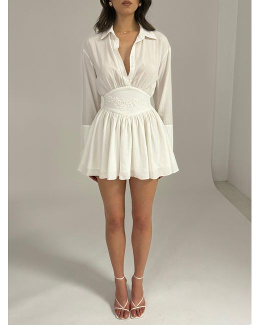 Miss Circle New York White Jamila Shirt Mini Dress With Embroidered Waist Detail