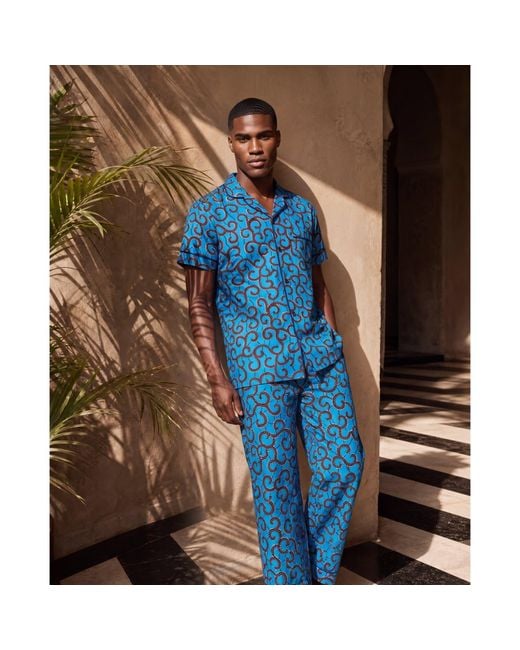 Ohema Ohene Blue African Print Cotton Trouser Pyjama Set for men