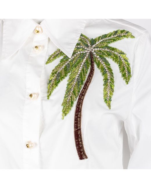 House of Laines London White Laines Couture Tie Shirt With Embellished Palm Tree