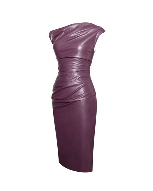 Miss Circle New York Purple Sabina Leather Slash Neck Midi Dress