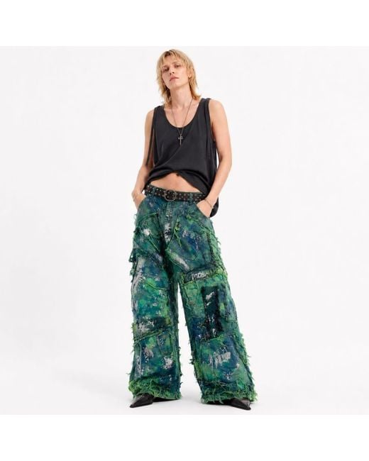 Zasta Studio Green Wearable Ruins Shredded Wide Leg Colored Denim Pants