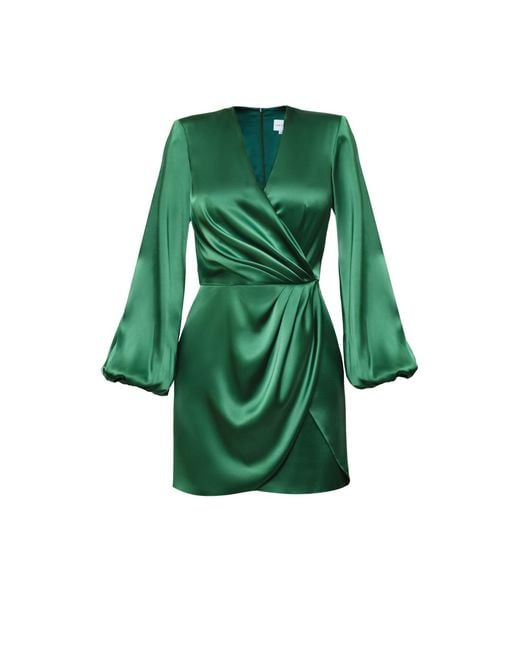 Nomi Fame Green Paris Satin Long Sleeve Draped Mini Dress