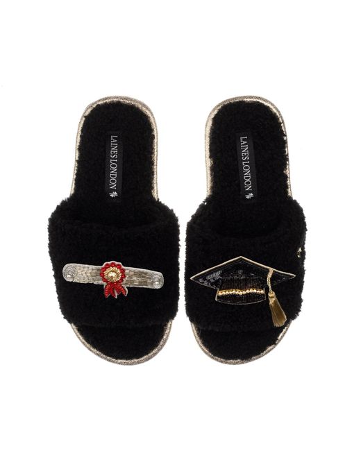 Laines London Black Teddy Toweling Slipper Sliders With Graduation Brooches