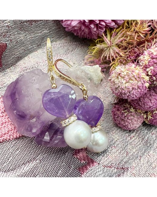 Farra Purple Heart Shaped Amethyst With Gray Freshwater Pearl Earrings
