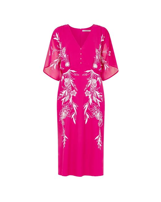Hope & Ivy Pink The Christine Embroidered Flutter Sleeve Plunge Neck Midi Dress