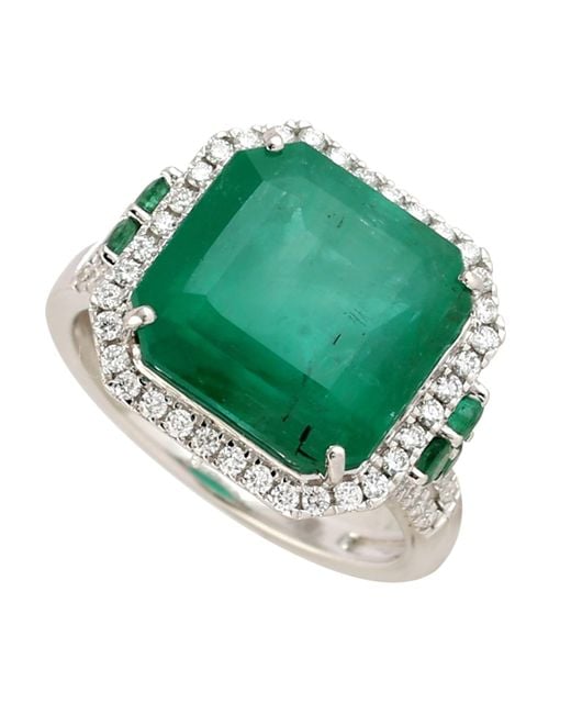 Artisan Green 18k White Gold In Square Zambian Emerald With Pear Shape Diamonds Designer Ring