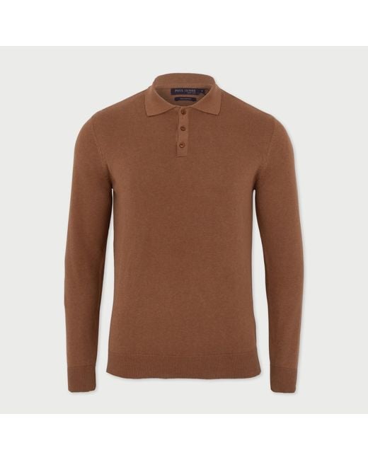 Paul James Knitwear Brown Lightweight Cotton Hall Long Sleeve Knitted Polo Shirt for men