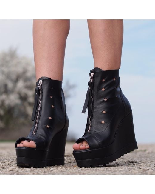 Adrenaline Fashion Black Summer Leather Wedge Boots – Handmade Genuine Leather Open Toe Ankle Boots With Front Zipper