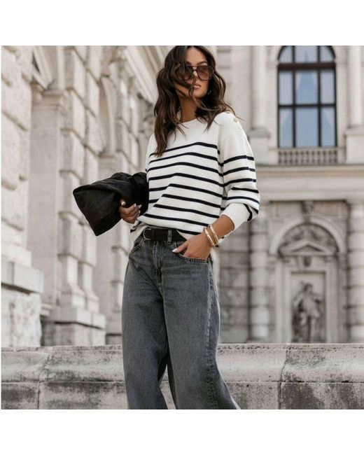 LAtelier London Black Breton Stripe Button-Detail Jumper