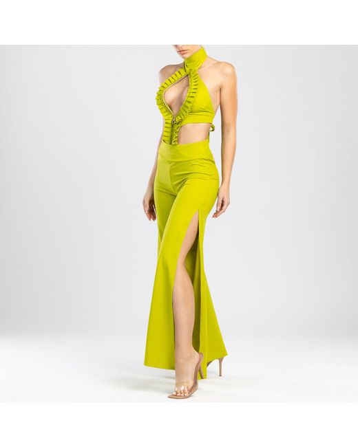 ANTONINIAS Green Ahmosy Cut-out One-piece Swimwear With Ruffles & Adjustable Zip In Lime