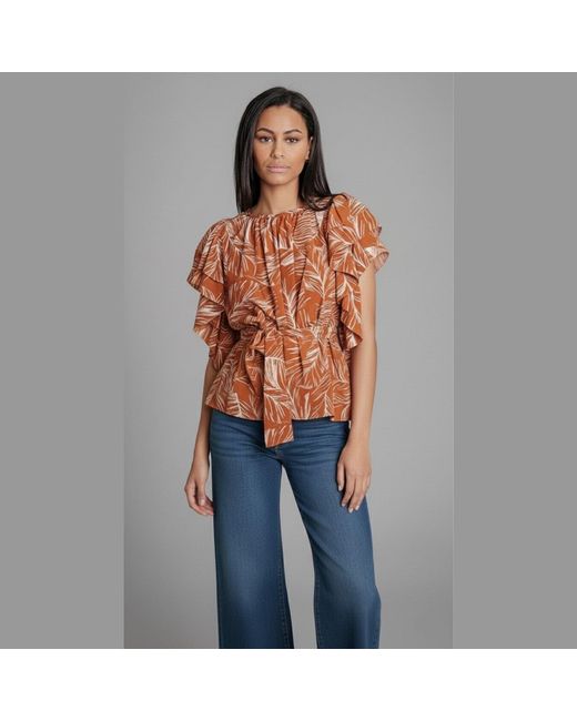 Imaatu Brown Butterfly Blouse Palms Rust Sustainable Viscose One Size Ruffle Sleeves Tropical Print
