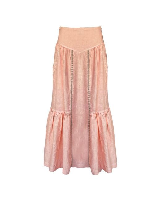 Haris Cotton Pink Maxi Linen Ruffled Skirt With Embroidered Trim