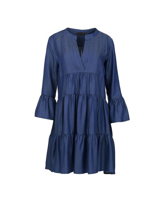 Conquista Blue Satin Denim Gathered Seams Dress