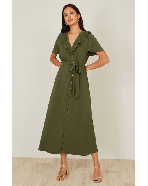 Yumi' Green Ruffle Collar Midi Shirt Dress