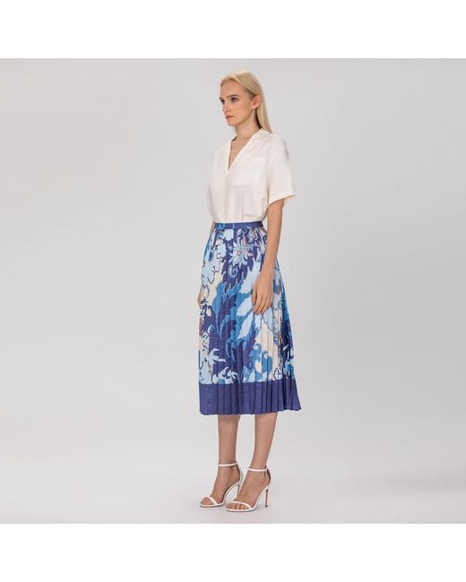 Smart and Joy Blue Pleated Midi Skirt With Print