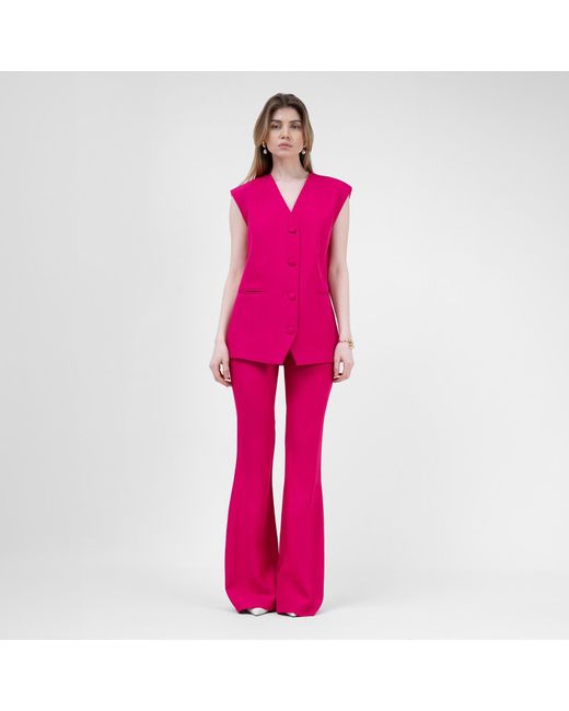 BLUZAT Pink Fuchsia Suit With Oversized Vest And Flared Trousers