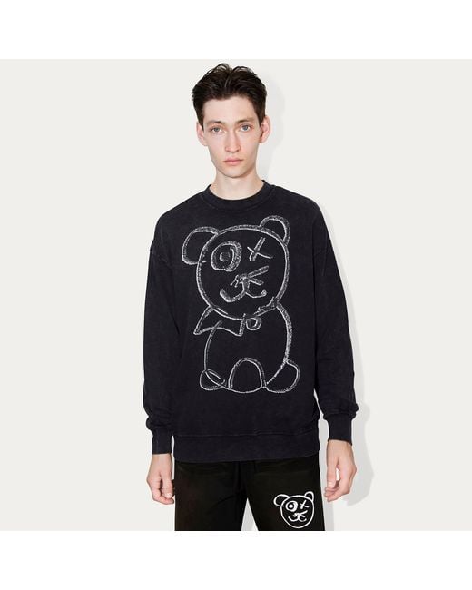 X Ilona Blue Blue Universal Fit Graffiti Teddy Bear Vintage Washed Cotton Midnight Crewneck for men