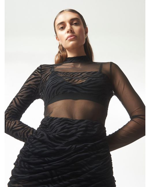 Sour Figs Black Zebra Pattern Sheer Mesh Illusion Mini Dress
