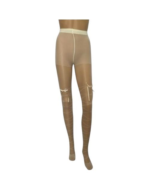 HIGH HEEL JUNGLE by KATHRYN EISMAN Natural Satin Bow Lace Up Tights Ivory