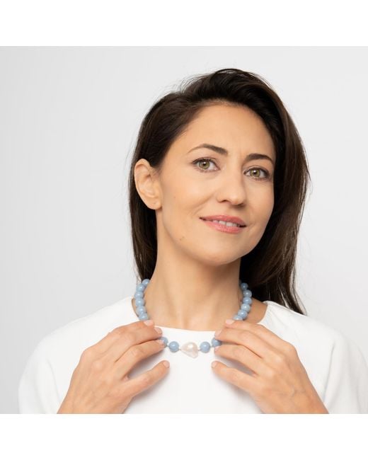 Silver Moon Blue Sterling Necklace Sky Murmur With Gemstones, Natural Seed Pearls And Baroque Pearl