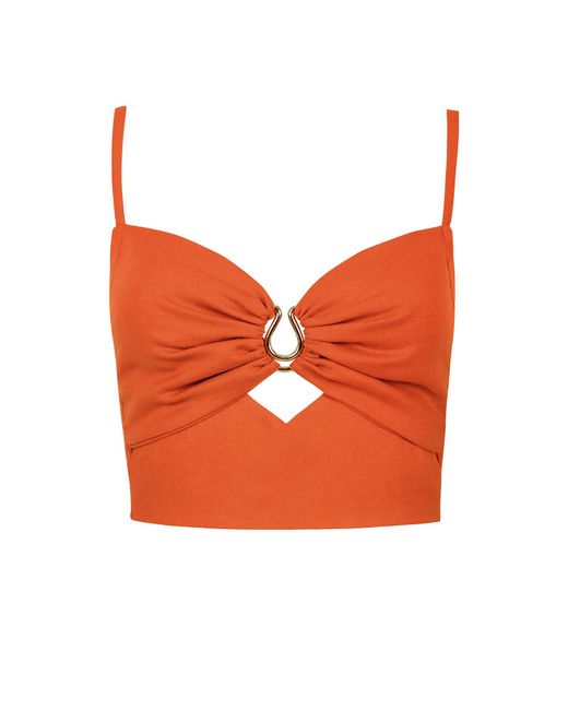 ALINA CERNĂTESCU Orange Flare Bamboo Linen Cutout Statement Top & Asymmetric Holiday Resort Midi Skirt
