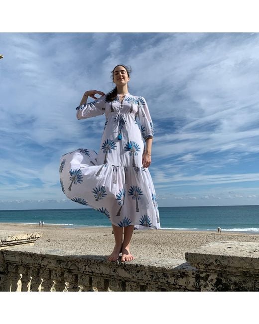 Pick Happy Blue Mermaid Maxi Dress Palm Tree Fully Lined Handblock Cotton