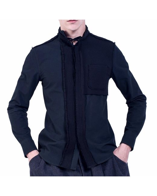 Smart and Joy Blue Bi-Material Shirt With Tied Stand-Up Collar for men