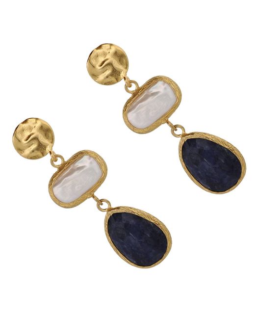Ebru Jewelry Blue Vintage Style Pearl & Sapphire Gemstone Gold Earrings
