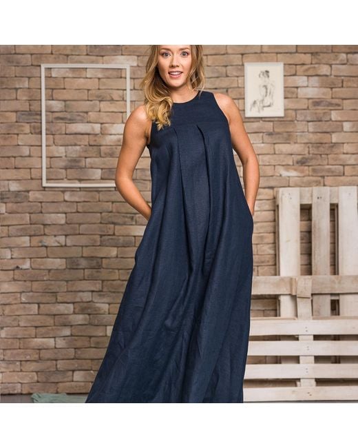 Nikka Place Blue Linen Loose Maxi Dress With Pockets
