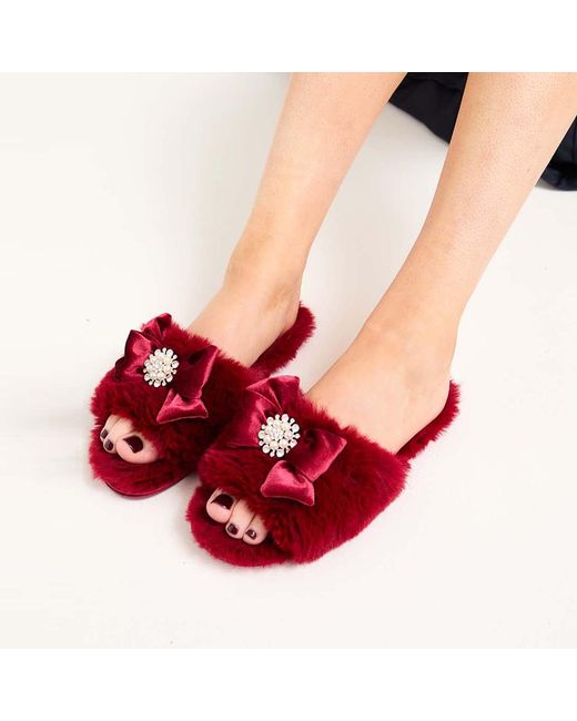 Pretty You London Red Anya Slider Slipper With Diamante