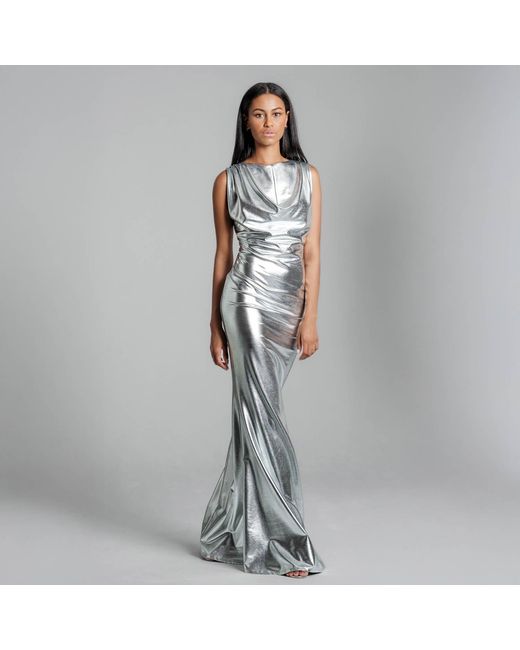 Imaatu Gray Oshun Glam Maxi Dress – Sculpting Faux Leather & Jersey Lining