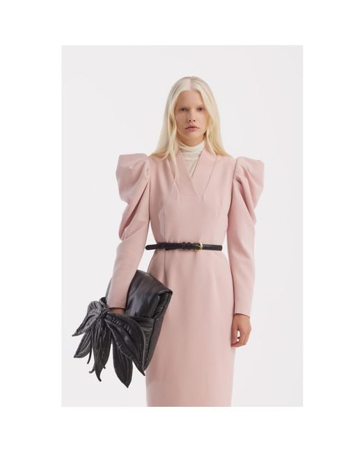 Julia Allert Pink Crepe Midi Dress With Statement Sleeves – Pale
