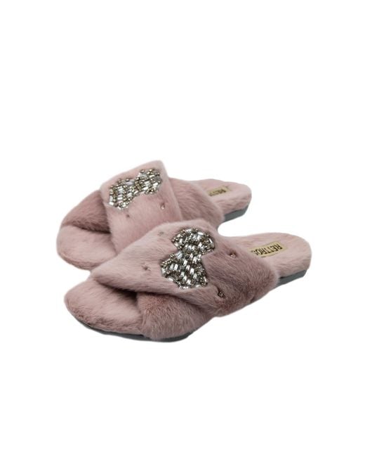 Rettrose Pink Fefe Nude Luxury Plush Diamanté Bow Embellished Handmade Slipper