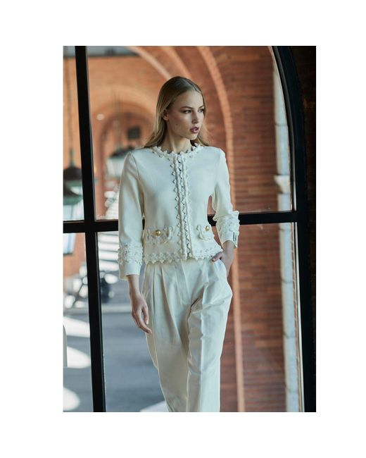 The Extreme Collection White Ivory Cropped Jacket With Textured Floral Embellishments And-Tone Buttons René