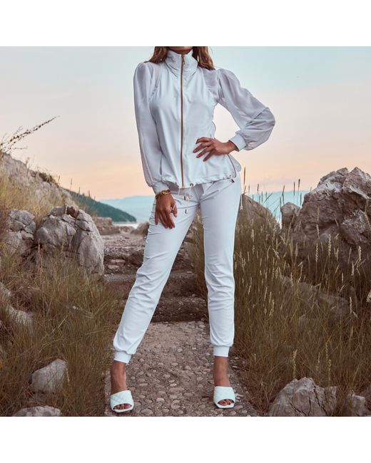 ANTONINIAS White Elegant Panacea Tracksuit Jacket With Golden Details And Chiffon Sleeves
