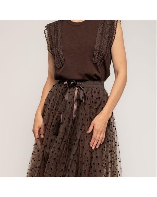 Tantra Spain Sl Brown Polka-Dot Tulle Midi Skirt, A-Line Cut, Elastic Waistband With A Bow