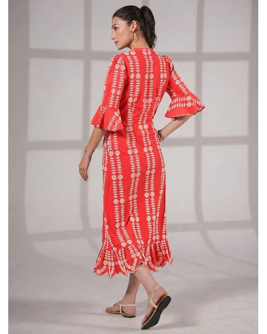Rose & Nancy Cat Coral Embroidered Midi Dress