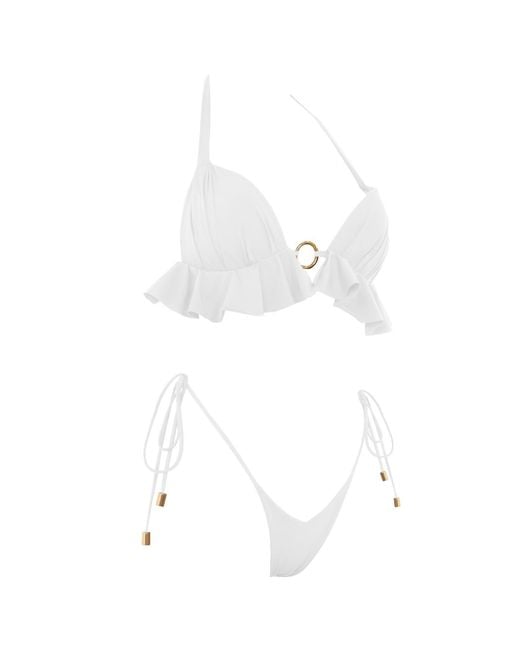 ANTONINIAS White Dalliance Padded Halter Bikini Top With Ruffles