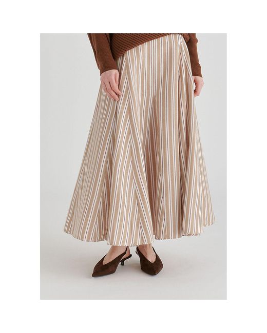 Paisie Natural Neutrals Striped Flared Maxi Skirt With Godet Paneling