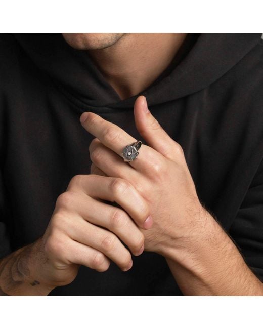 Nialaya Black Vintage Evil Eye Ring With Clear Crystal for men