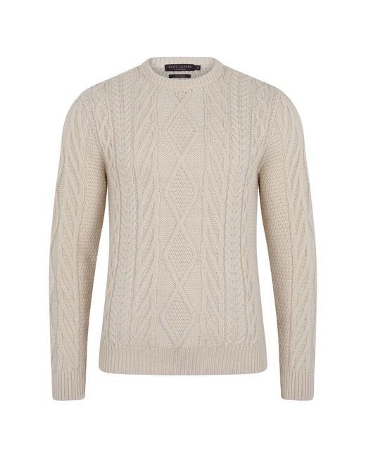 Paul James Knitwear Gray Neutrals Chunky Merino Wool Cameron Cable Jumper for men