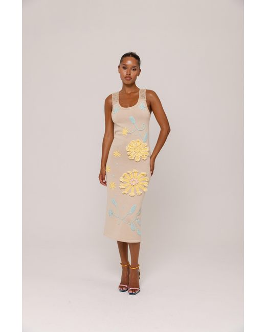 Andreeva Metallic Neutrals Butter Daisy Knit Dress With Handmade Embroidery