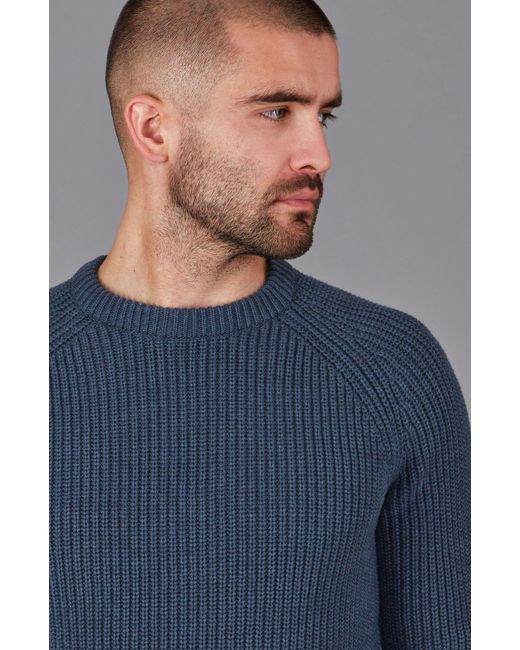 Paul James Knitwear Blue Heavyweight Cotton Fisherman Rib Knit Jumper for men
