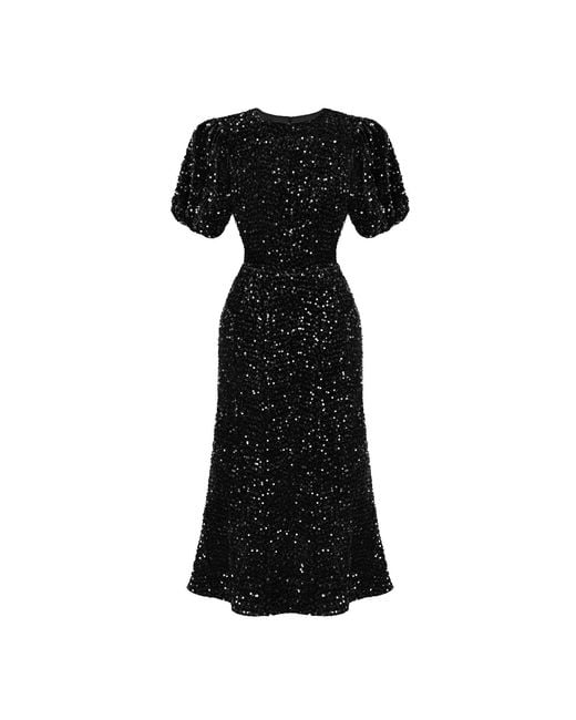 POST MERIDIEM Black Sequin Decorated Velvet Puff Sleeve Midi Dress