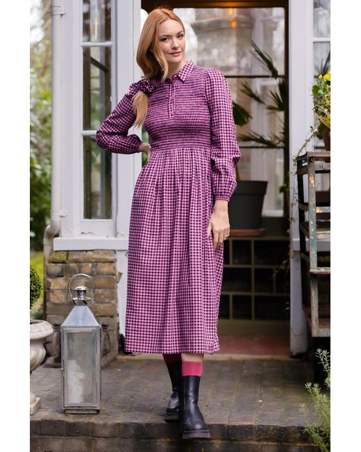 Sugarhill Purple Diana Shirred Midi Dress Rose Gingham